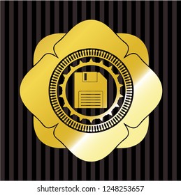 diskette icon inside gold emblem