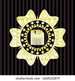 icono de disquete dentro del emblema o placa dorada
