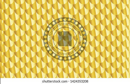 diskette icon inside gold shiny emblem. Scales pattern. Vector Illustration. Detailed.