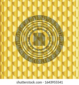 icono de disquete dentro de la placa dorada. Patrón de escalas. Ilustración vectorial. Detallado.