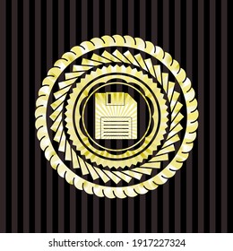 diskette icon inside golden badge. 