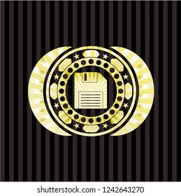 diskette icon inside golden emblem