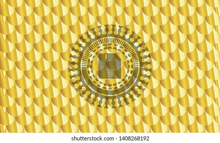 diskette icon inside golden emblem. Scales pattern. Vector Illustration. Detailed.