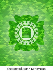 diskette icon inside green emblem. Mosaic background