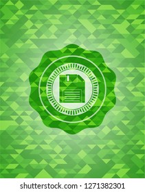 diskette icon inside green mosaic emblem