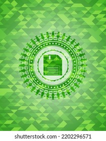 diskette icon inside green mosaic emblem. 