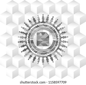 diskette icon inside grey emblem with geometric cube white background