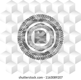 diskette icon inside grey icon or emblem with geometric cube white background