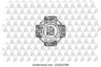diskette icon inside grey emblem with cube white background