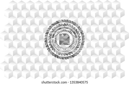 diskette icon inside grey emblem with cube white background