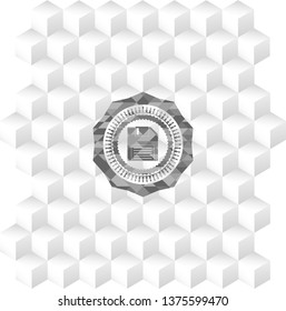 diskette icon inside grey emblem. Retro with geometric cube white background