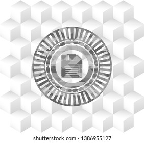 diskette icon inside grey icon or emblem with geometric cube white background