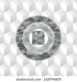 diskette icon inside grey emblem with geometric cube white background