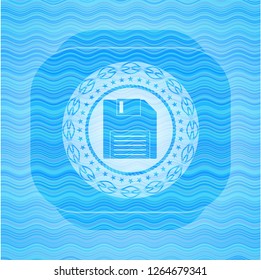 diskette icon inside light blue water style emblem.