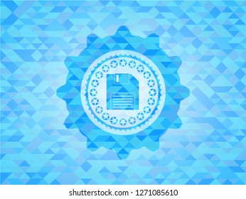 diskette icon inside light blue emblem with mosaic background