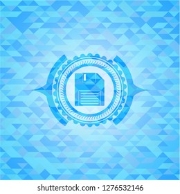 diskette icon inside light blue emblem. Mosaic background