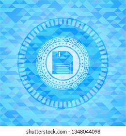 diskette icon inside light blue emblem with mosaic background