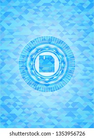 diskette icon inside light blue mosaic emblem