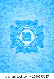 diskette icon inside light blue emblem with mosaic ecological style background