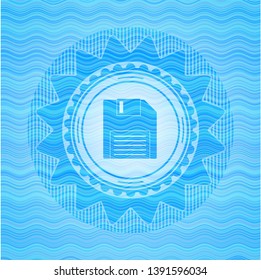 diskette icon inside light blue water wave emblem.