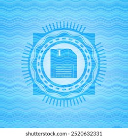 diskette icon inside light blue water style emblem. 