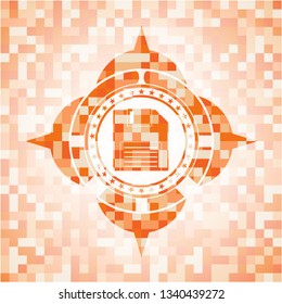 diskette icon inside orange mosaic emblem