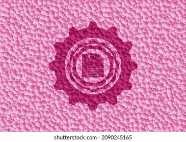diskette icon inside pink badge with bubbles background. Vector Illustration. Detailed. 