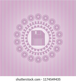 diskette icon inside pink emblem