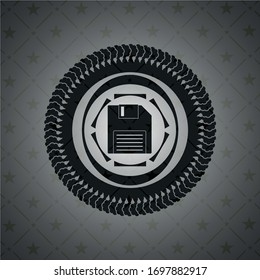 diskette icon inside realistic black emblem