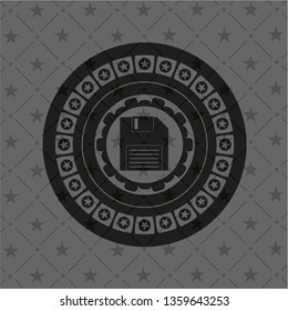 diskette icon inside realistic dark emblem