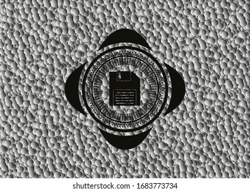 diskette icon inside realistic dark emblem with grey bubbles background. Vector Illustration. Detailed.
