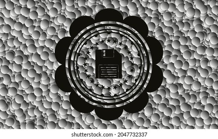 diskette icon inside realistic dark emblem with grey bubbles background. Vector Illustration. Detailed. 