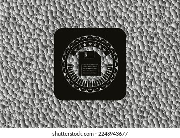 diskette icon inside realistic dark emblem with grey bubbles background. Vector Illustration. Detailed. 