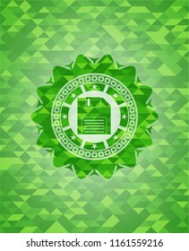 diskette icon inside realistic green emblem. Mosaic background