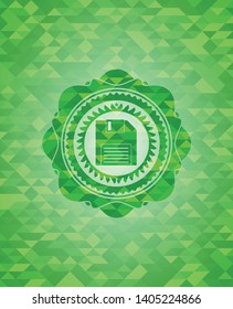 diskette icon inside realistic green emblem. Mosaic background