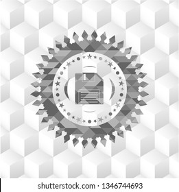 diskette icon inside realistic grey emblem with cube white background