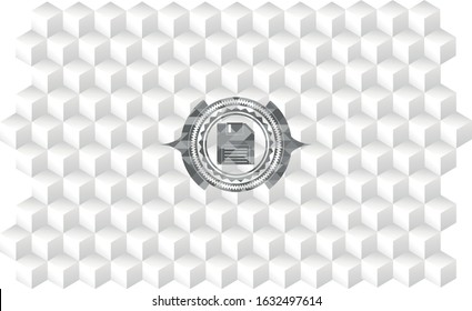 diskette icon inside realistic grey emblem with cube white background
