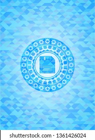 diskette icon inside realistic light blue mosaic emblem
