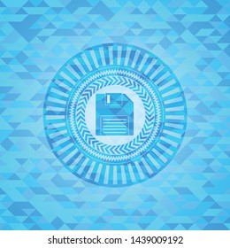 diskette icon inside realistic light blue emblem. Mosaic background
