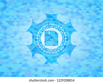 diskette icon inside realistic sky blue mosaic emblem