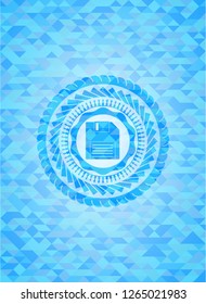 diskette icon inside realistic sky blue mosaic emblem