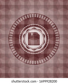 diskette icon inside red badge with geometric pattern. Seamless.