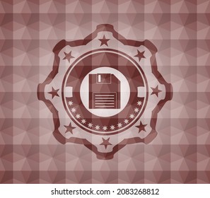 diskette icon inside red badge with geometric pattern. Seamless. 