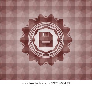 diskette icon inside red emblem or badge with abstract geometric polygonal pattern background. Seamless.
