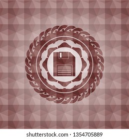diskette icon inside red emblem or badge with abstract geometric pattern background. Seamless.