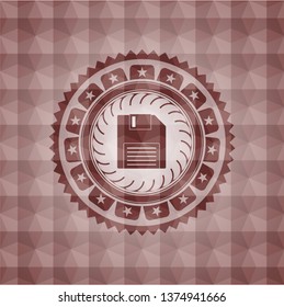 diskette icon inside red geometric badge. Seamless.