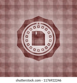 diskette icon inside red seamless badge with geometric background.