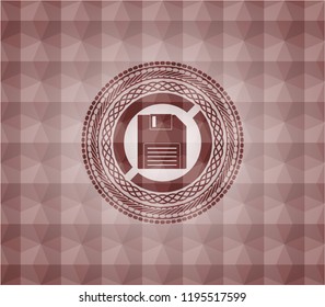 diskette icon inside red seamless geometric pattern emblem. Seamless.