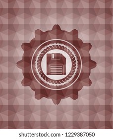 diskette icon inside red seamless badge with geometric pattern.
