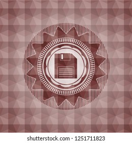 diskette icon inside red seamless geometric pattern emblem. Seamless.